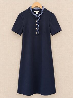 1901 Nordstrom Navy Ruffle Collar Gold Button Knit Shift Dress Size 4